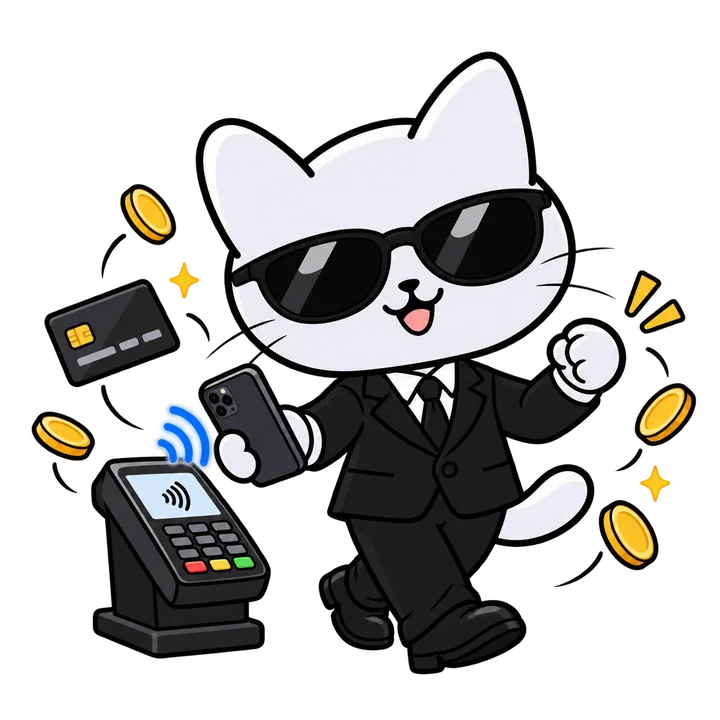 Misha pagando con el celular en un datáfono